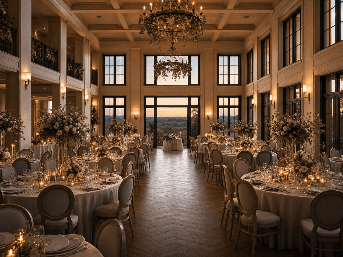 Candlelit event hall set for dinner