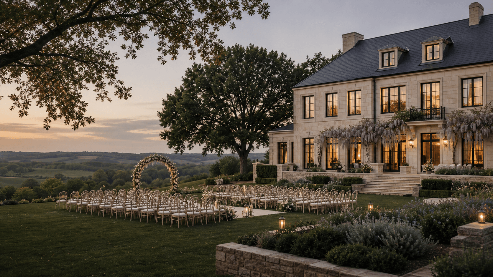 Elegant event venue exterior at sunset