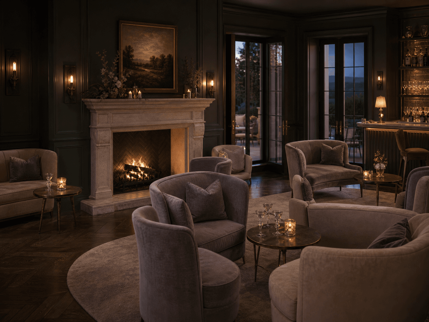 Intimate cocktail lounge with a fireplace